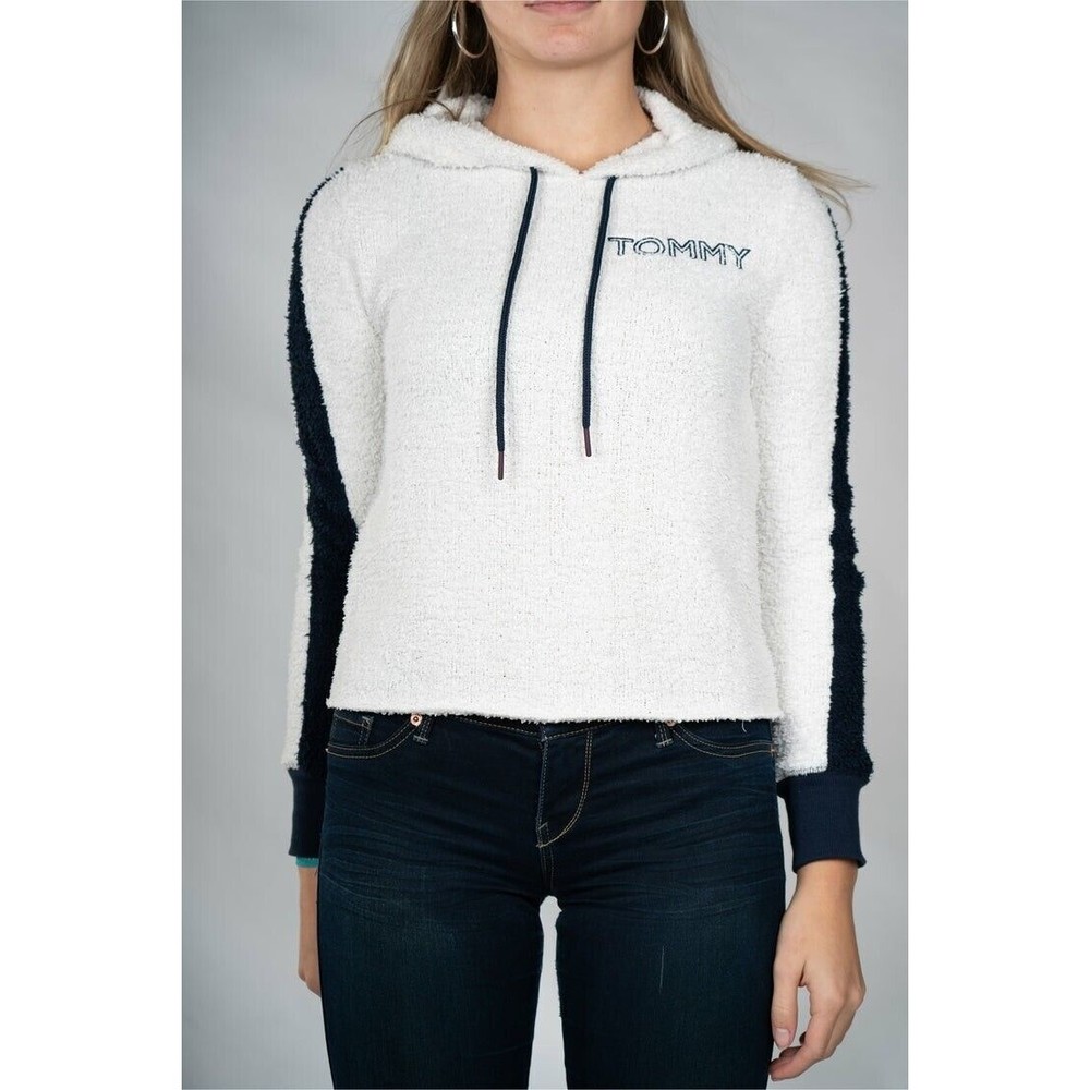 Tommy Hilfiger Women's Fuzzy White Long Sleeves Logo Hooded Sweatshirt M...